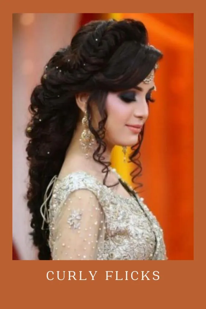 Woman in off white lehenga and Curly Flicks hairstyle Woman in off white lehenga and Curly Flicks hairstyle - curly hair for lehenga