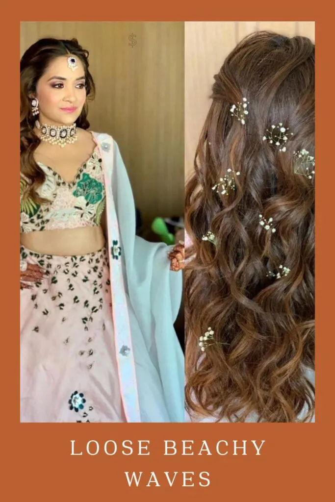 Woman in pink and green lehenga with matching jewellery with Loose Beachy Waves hairstyle Woman in pink and green lehenga with matching jewellery with Loose Beachy Waves hairstyle -lehenga curly hairstyles for indian wedding