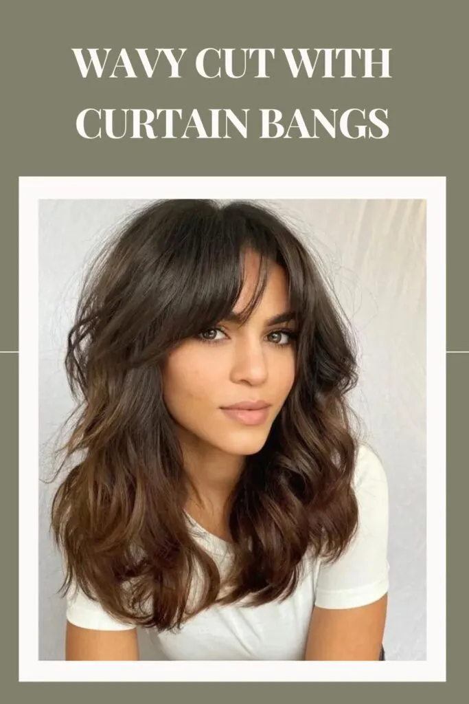 Woman in white t-shirt with Wavy Cut with Curtain Bangs hairstyle Woman in white t-shirt with Wavy Cut with Curtain Bangs hairstyle - hairstyles for women short hair