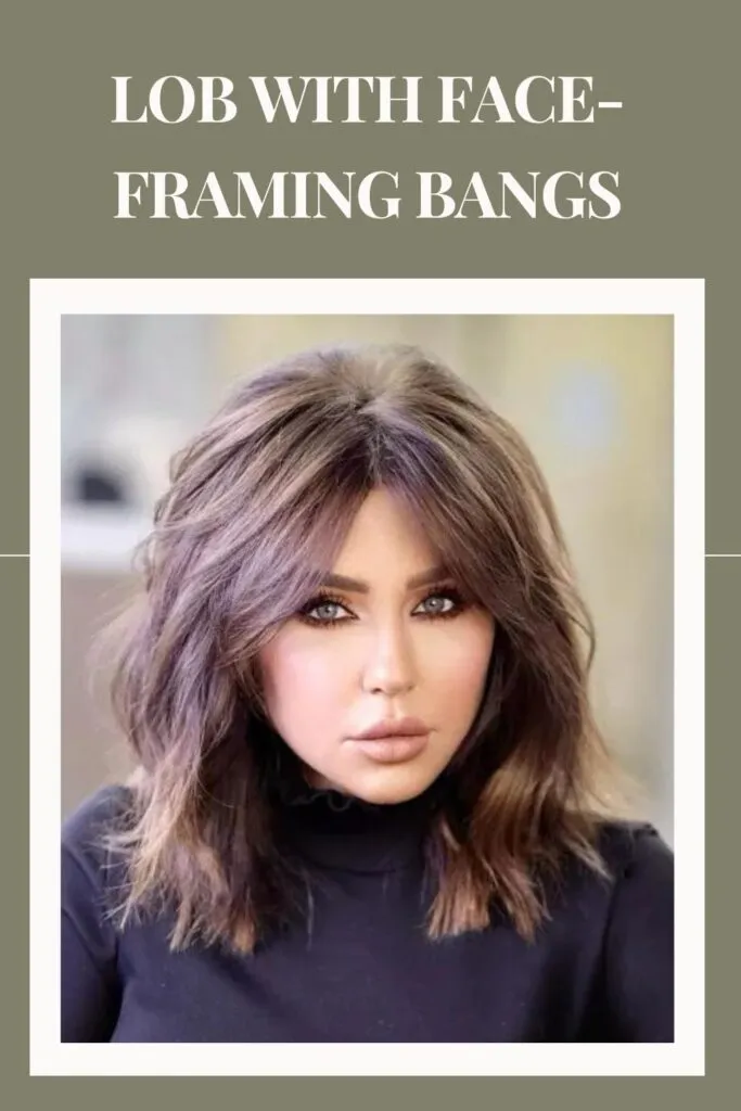 Woman in black high neck top with Lob with Face-Framing Bangs hairstyle Woman in black high neck top with Lob with Face-Framing Bangs hairstyle - hairstyles for daily use