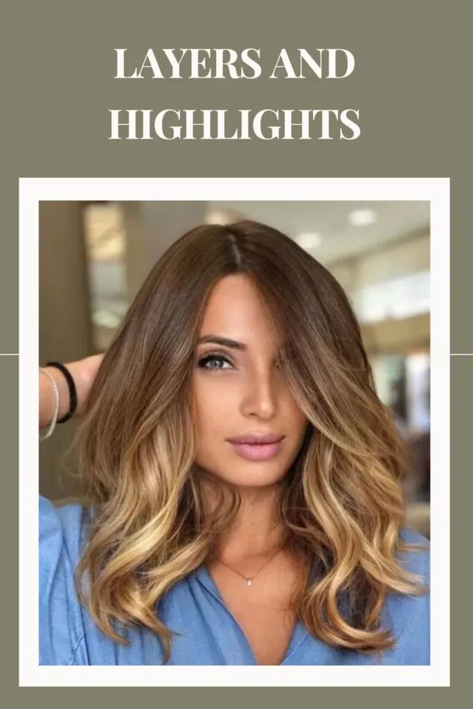 Woman in sky blue shirt with Layers and Highlights hairstyle Woman in sky blue shirt with Layers and Highlights hairstyle - hairstyles for women long hair
