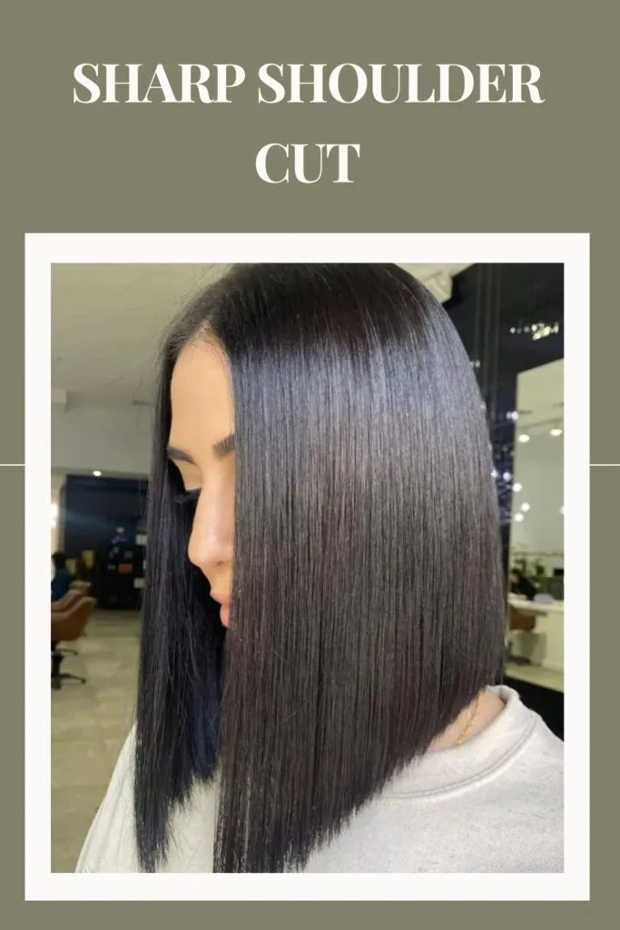 Woman in grey round neck top with Sharp Shoulder Cut hairstyle Woman in grey round neck top with Sharp Shoulder Cut hairstyle - hairstyles for women short hair