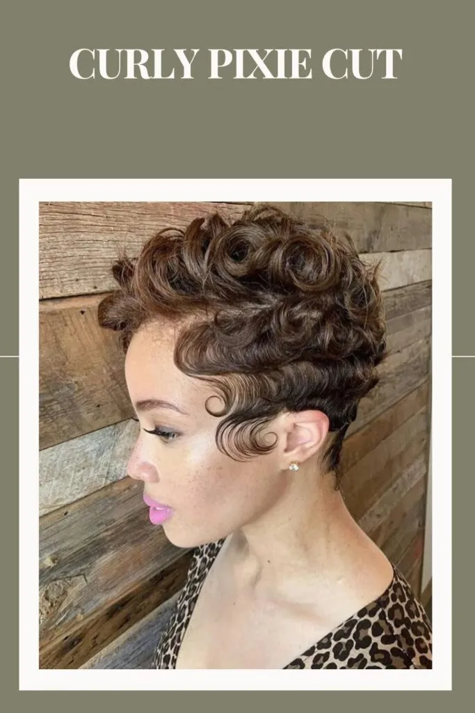 Woman in multicolor printed dress with Curly Pixie Cut hairstyle Woman in multicolor printed dress with Curly Pixie Cut hairstyle - hairstyles for daily use