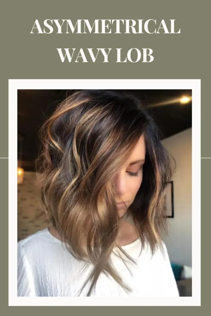 Woman in white round neck top showing her Asymmetrical Wavy Lob hairstyle Woman in white round neck top showing her Asymmetrical Wavy Lob hairstyle - bob cut for ladies