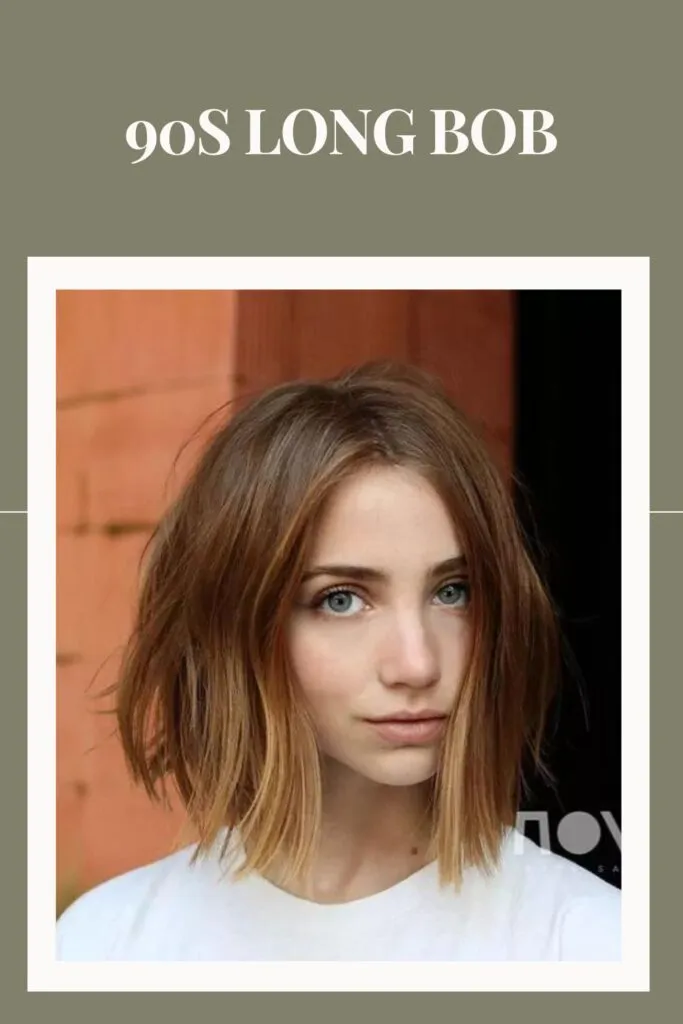 Smiling woman in white round neck top and 90s Long Bob hairstyle Smiling woman in white round neck top and 90s Long Bob hairstyle - A line bob haircut