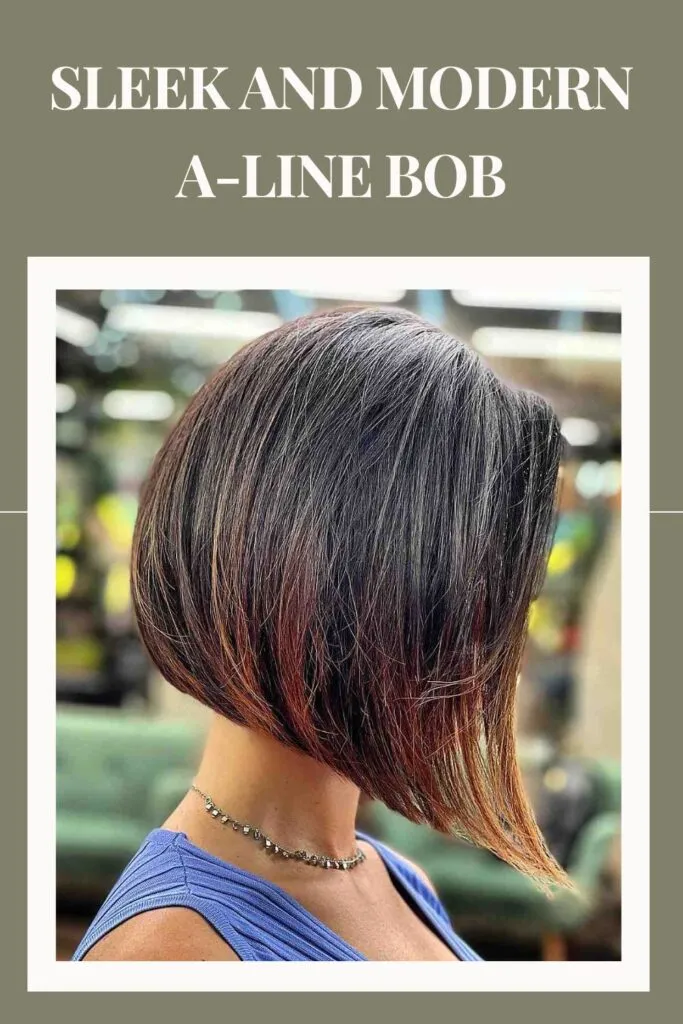 Woman in blue cut sleeves top and Sleek and modern A-line Bob hairstyle Woman in blue cut sleeves top and Sleek and modern A-line Bob hairstyle - Long a line bob haircut