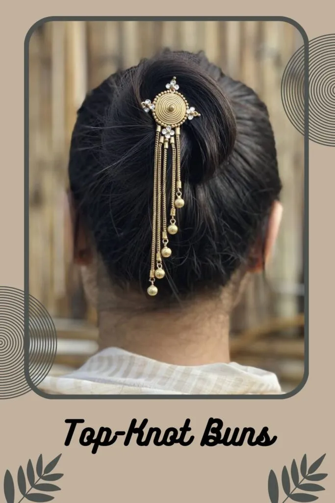 Woman showing the back view of her Top-knot bun Woman showing the back view of her Top-knot bun - Indian braid hairstyles for short hair