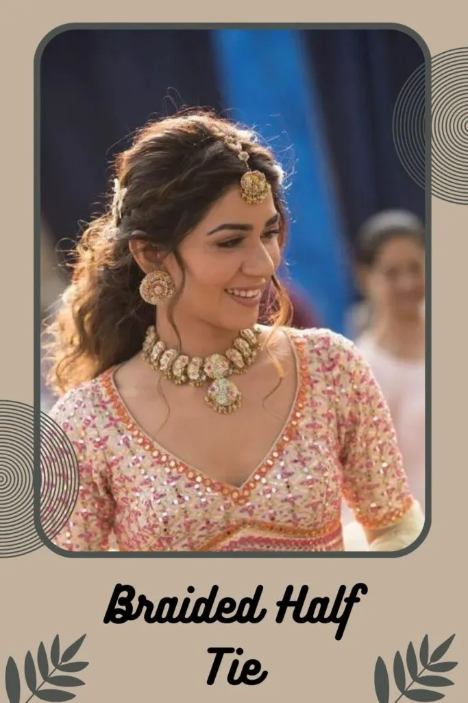 Woman in multicolor traditional dress with matching jewellery and Crisp Curls Woman in multicolor traditional dress with matching jewellery and Crisp Curls - Indian hairstyle for short hair for wedding