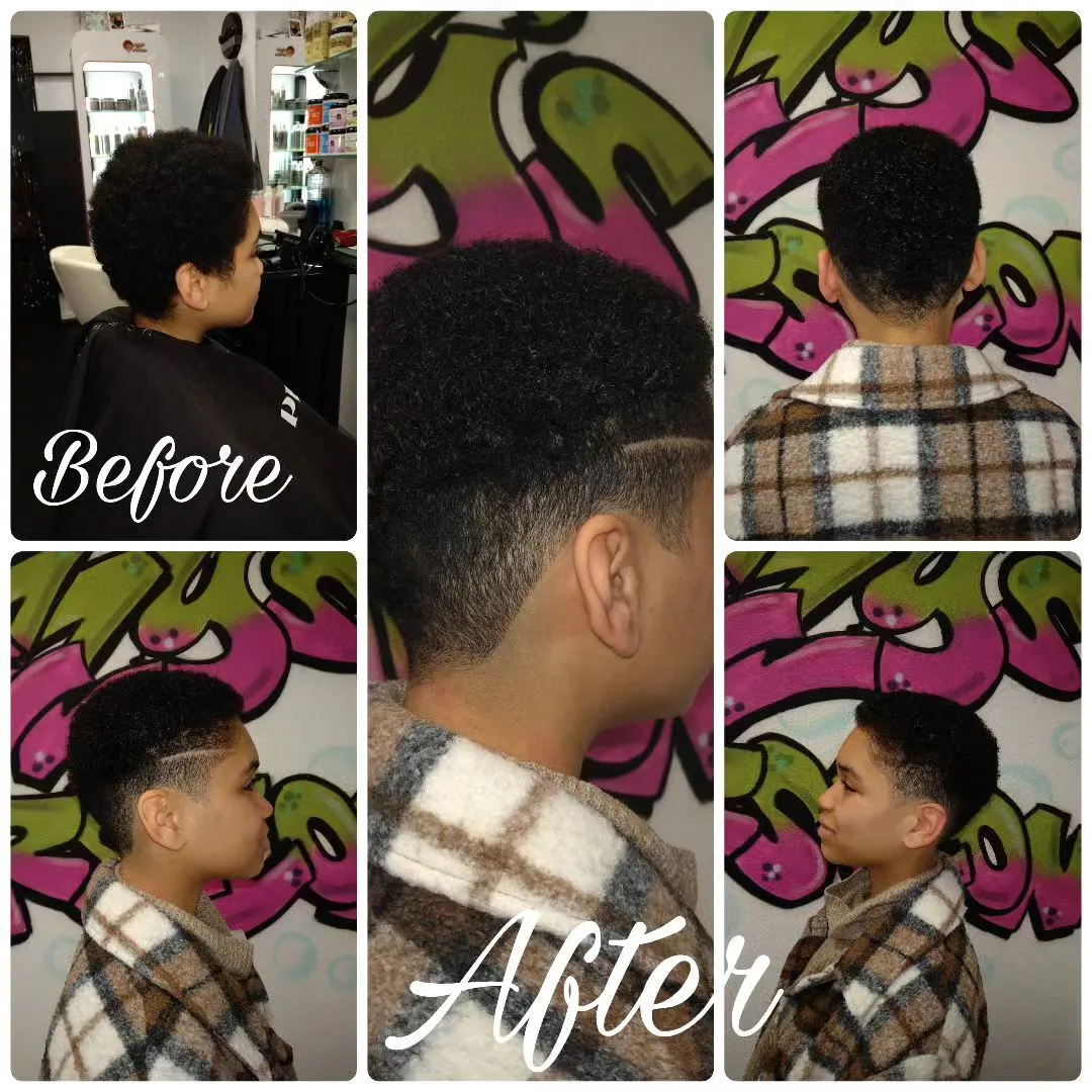 A guy is giving side pose and showing his Short Fro + Line Up + Neck Taper Short Fro + Line Up + Neck Taper Hairstyle